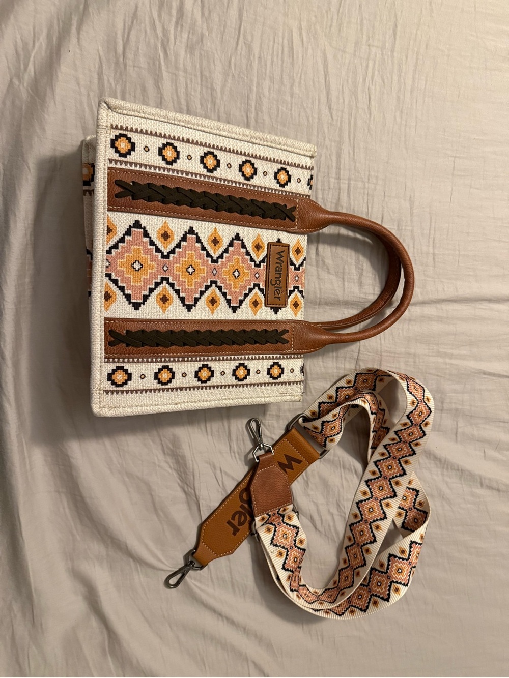 Wrangler White, Tan & Brown Embroidered Tote with Detachable Patterned Strap